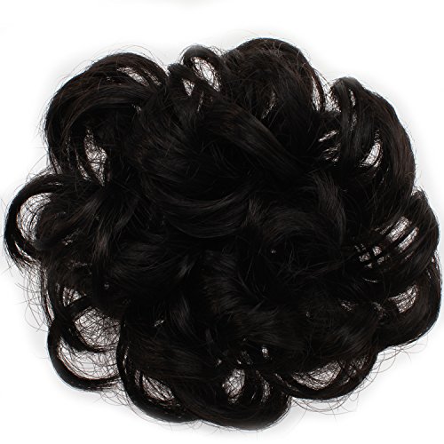 OneDor Ladies Synthetic Wavy Curly or Messy Dish Hair Bun Extension Hairpiece Scrunchie Chignon Tray Ponytail (2#-Darkest brown)