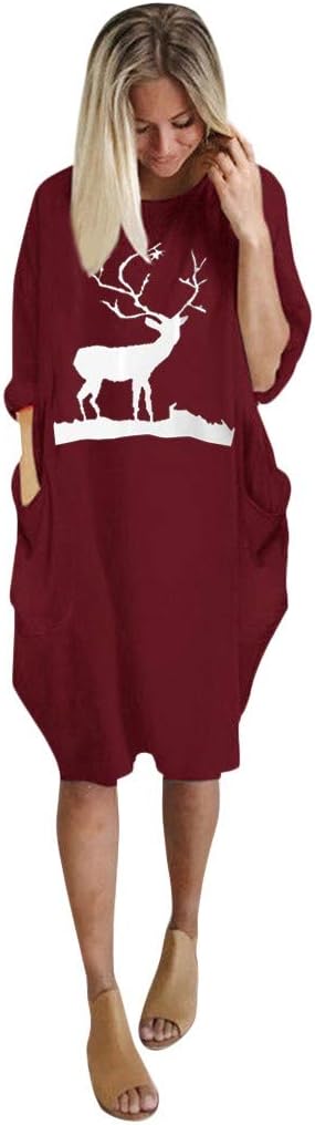 Plus Size Christmas Dress for Women, Reindeer Print Long Sleeve Pocket Casual Pullover Dress S-5XL