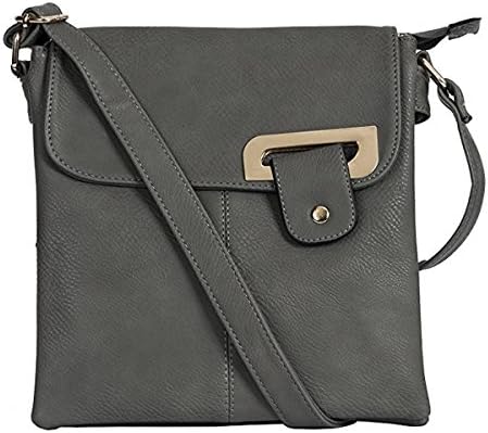 New Womens Medium Multi Pocket Compartment Trendy Messenger Cross Body Shoulder Bag (Dark Grey Gold Trim)