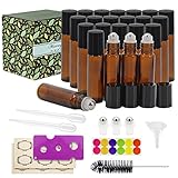 Glass Roller Bottles - 10ml, 24 Pack, Amber by Mavogel, Stainless Steel Roller Balls, Essential Oil Opener, Bottle Brush, Droppers, Funnel, and Labels Included