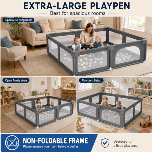 Palopalo Baby Playpen, 70"x59" Extra Large Playard for Babies and Toddlers, Non-Foldable and Big Baby Activity Center, Infants Play Pen with Gate and Soft Breathable Mesh, Ideal for First-time Mom