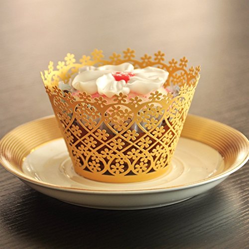 KAZIPA 50PCS Cupcake Wrappers, Laser Cut Paper Cups Muffin Case Wraps for Wedding Anniversary Party Birthday (Flowers 1 Gold)