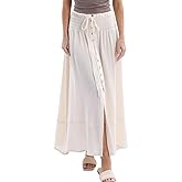 Amazhiyu Women's Summer Beach Crinkle Cotton Gauze Button-Front Slit Maxi Skirt