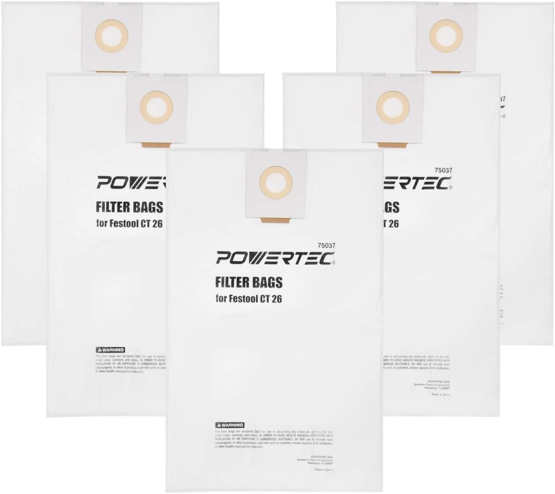 POWERTEC 75037 Self-Cleaning Filter Bag for Festool CT 26 496187(5-Pack)