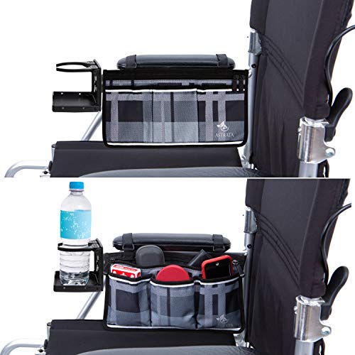 Wheelchair Side Bag with Large Cup Holder Arm Rest Pouch and Drink CupHolder Wheel Chair
