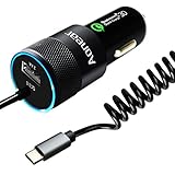 USB Type C Car Charger, Aonear 36W USB Car Charger with Quick Charge 3.0 Technology,Built-in Coiled Type C Cable for Nexus 6P 5X, LG G6, Galaxy S8/S8+,Note 8 ,Pixel 2/2 XL,OnePlus,with Extra USB Port