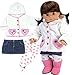 15 Inch Baby Doll Outfit, Pink Heart Print Tights, Denim Skirt and Casual Hooded Coat Fits 15 Inch and 18 Inch American Girl Dolls, 3 Piece Set of Doll Tights, Coat & Denim Skirt