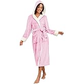 RONGTAI Womens Plush Fleece Hooded Bathrobe, Thick Nightgown Long Robe Sleepwear with Two Side Pockets and Belt