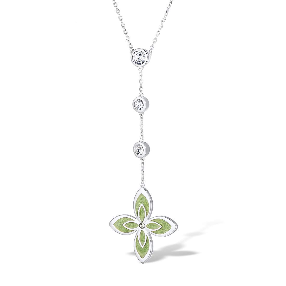 Santuzza White Rhodium Plated Brass Necklaces Fashion Clover Enamel Pendant Simple Jewelry Chain Jewelry for Women and Girls 17 Inch length (Green)