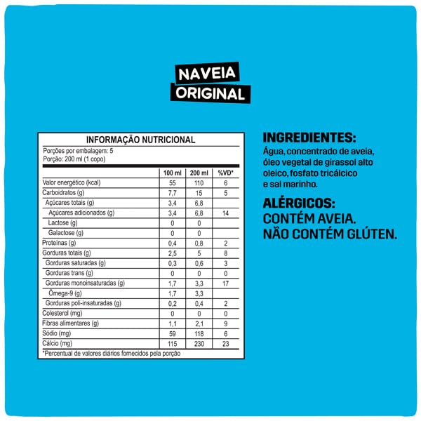 Naveia Pack 12x Leite Vegetal de Aveia Original 1L - Vegano, Sem Lactose e Sem Glúten