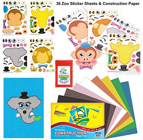 36 Zoo Make A Sticker Sheets With 6x9" Background Construction Paper Pad - Great for Kid's Stocking Stuffers, Toddler Party Favors, Zoo Party Favors, Easter Basket Stuffers, Zoo Craft, Animal Party Favors, Party Favors for Toddlers, Safari Stickers