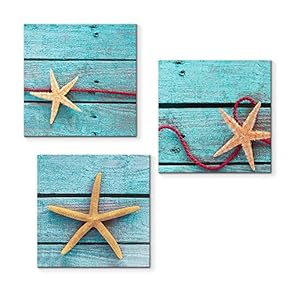 3 Piece Canvas Wall Art for Living Room Bedroom Home Artwork Starfish Shell Fishing Net Sands Beach Paintings Ready to Hang - 12"x12"x3 Panels