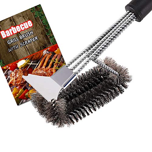 Flier Grill Brush And Scraper – Bristle Free BBQ Grill Cleaner – 18” Stainless Steel Woven Wire 3 In 1 Bristles Grill Cleaning Brush For Gas/Charcoal Grill – Great Grilling Accessories Gift