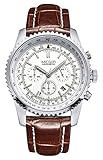 Voeons Mens Watches Chronograph 24 Hour Military Sports Watches 3ATM Waterproof Silver Metal Case Brown Leather Band Wrist Watch Auto Date