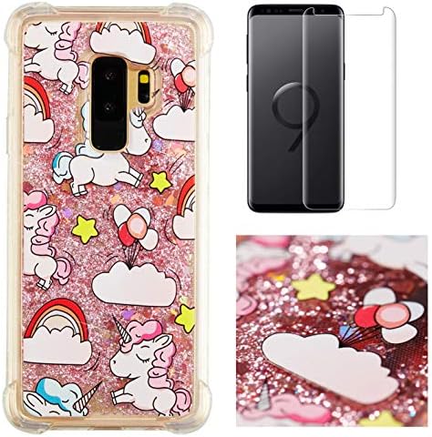 for Galaxy S9 Plus Case Glitter Liquid and Screen Protector,Sparkle Floating Quicksand Clear Slim Fit Protective Phone Case,Soft Thin Transparent Silicone Anti-Scratch Back Cover - Rainbow Unicorn