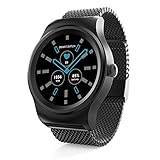 SMA-Round Smart Watch for Android Phones and iPhones,Smart Watches for Android Heart Rate Monitor,Remote Camera Band Fitness Tracker,Smart Watches for Men Women,Black-Steel Strap