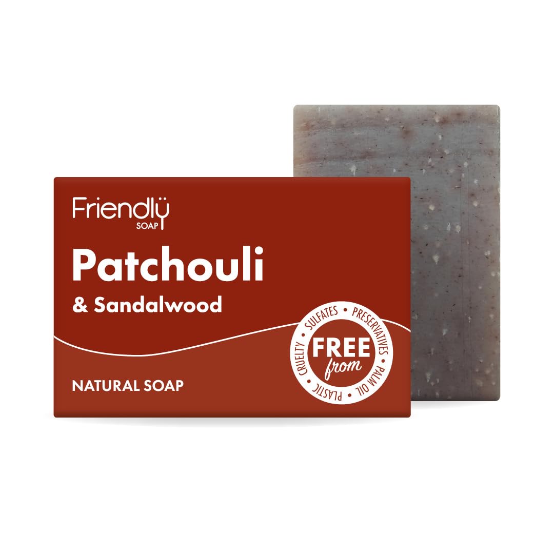 Friendly Soap - Natural Patchouli & Sandalwood Soap Bar (95g), Plant-Based, Cruelty-Free, Made By Hand, No Preservatives or Sulphates, Sustainable