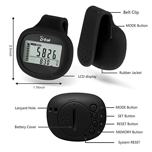 U-Trak 3D Pedometer with Rubber Clip and Lanyard | 7 Days Memory | Accurate Step Counter | Walking Distance in Miles/KM | Calories Counter | Daily Steps Target Monitor | Active Time | Clock - Thumbnail 2