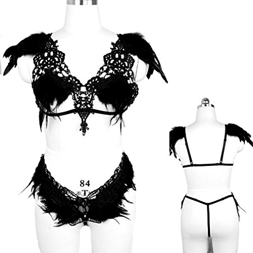 Women Sexy Full Feather Epaulette Harness Strappy Bra Cage Lingerie Cosplay Exotic Gothic Top Elastic Adjustable Plus Size