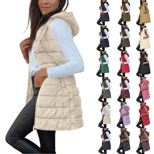 Quilted Gilet for Women UK Ladies Longline Hooded Puffer Jackets Padded Sleeveless Warm Bodywarmers Vest Lightweight Cozy Waistcoat Zipper Transitional Outerwear with Pockets Autumn Winter Beige L