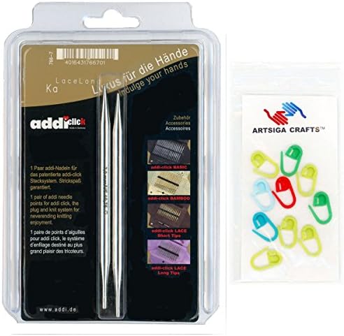 addi Click Rocket Lace Standard 5 inch (13cm) US 06 (4.0mm) Interchangeable Circular Knitting Needle Tips, Slick & Smooth Finish, Long Taper Sharp Tips Bundle with 10 Artsiga Crafts Stitch Markers