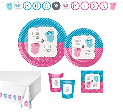 Baby Gender Reveal Party Supplies - Super Deluxe Kit for Baby Shower - Includes 8 Luncheon Plates, 8 Dinner Plates, 16 Luncheon Napkins, 8 Hot/Cold Cups 9 oz, 1 banner, 1 tablecloth.