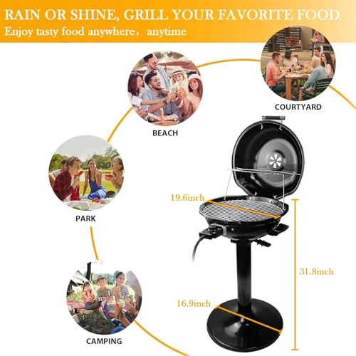 Electric Grill, Techwood Outdoor Electric BBQ Grill, 1600W Portable Removable Stand Grill with Adjustable Heat & Drip Tray, Double Layer Design for Party, Patio & Backyard (Black)