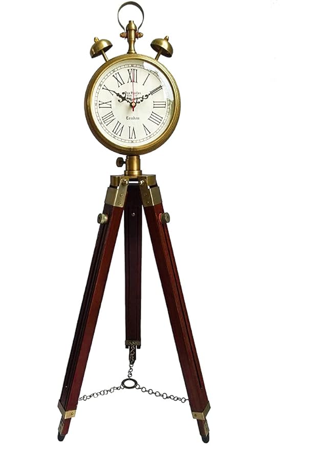 Buy Handicraftgifts Wooden and Metal Tripod Clock with Stand Brass and Brown Two Bell Antique