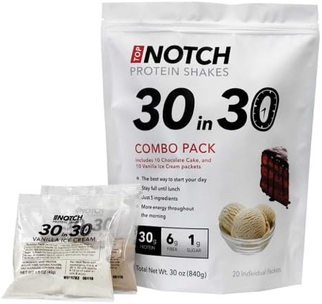 Top Notch "30 in 30" Protein Shakes (Combo Pack) -- ONLY 5 INGREDIENTS - High in Fiber, Low in Sugar &amp; Carbs, Gluten-Free (10 Chocolate Cake / 10 Vanilla Ice Cream)