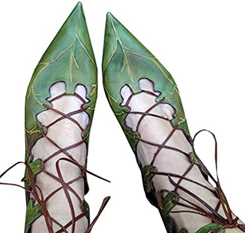 YalaKoko Women Lace Up Point Toe Flat Shoes Ankle Strappy Bandage Leaf Boots
