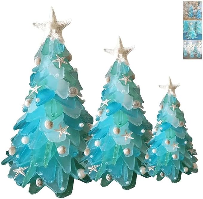 Tree Toppers - Sea Glass Christmas Tree, Sea Glass Christmas Tree Ornament, Sea Glass Star Gift, Handmade Crafts Sea Glass Christmas Tree, Resin Christmas for Xmas Gift Holiday Ornament Home Decor ( Color : S+M+L )