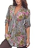 Pintuck Tunic Dressy Tops for Women Button Front Floral Print 3/4 Cuffed Sleeve Casual Loose High Low Blouse Notch V Neck Ladies Chiffon Skirts for Leggings (Grey, XL)