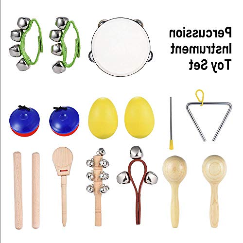 10pcs Musical Instruments Percussion Toy Rhythm Band Set Including Tambourine Maracas Triangle Castanets Wrist Bell for Kids Children Baby