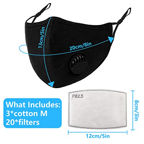 3Pcs Dust ???????????????? Cotton ???????????????? with Va and 20 Replaceable Fs, Washable and Reusable ???????????????? with Adjustable Ear Straps and N Wire for Men Women & Kids (Black)
