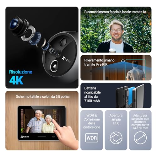 EZVIZ EP4 WiFi 4K Digital Peephole with 5.5" Touch Screen, 7100mAh Battery, AI Face Recognition, Two-Way Audio, Night Vision, PIR Detection, Supports MicroSD 512GB, Silver