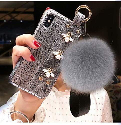 iPhone Xs Max Case,Fashion Black Marble Cute Bee Cover with Rabbit Fur Hairball Phone Case for iPhone Xs Max 6.5-inch,B7