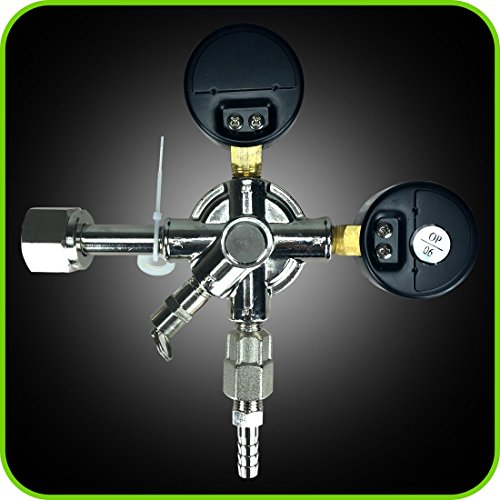 Co2 Beer Regulator Dual Gauge Draft Beer Dispensing Kegerator Heavy Duty 0 to 60 PSI - 0 to 3000 Tank Pressure CGA-320 Inlet Connection with 3/8" O.D. Outlet Barb Features Safety Pressure Relief Valve