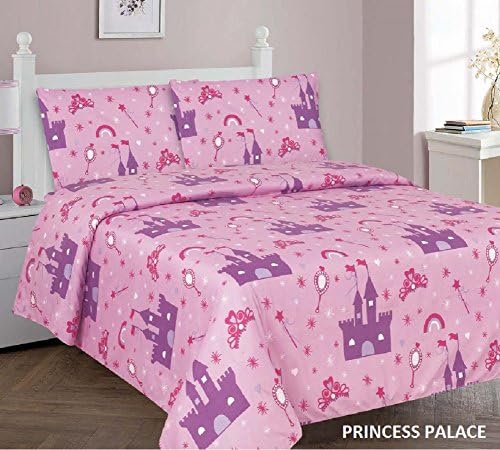 Kids printed sheet set: Flat & fitted sheets with pillow cases. Choose from butterfly, Dinosaur, Shark, Princess, sports, sailor prints Twin or Full (Full, Princess Palace)