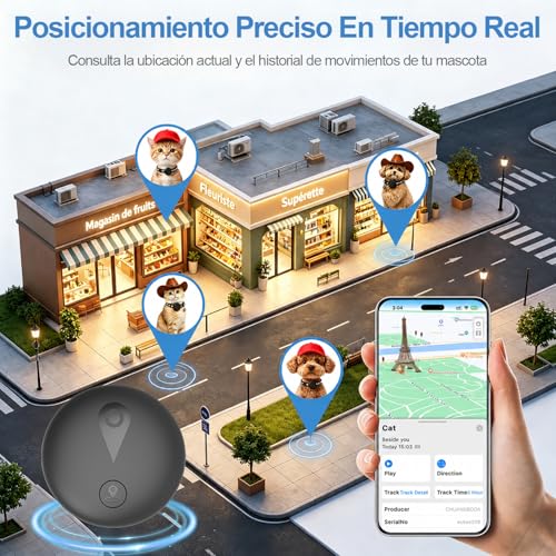 Collar GPS Gatos 2 en 1,Localizador GPS Perros con Seguimiento en Tiempo Real y Funciones Antipérdida,Sin Suscripción,iOS/Android,Collar Ajustable con Cascabel,Apto para Perros Pequeños y Gatos-Negro