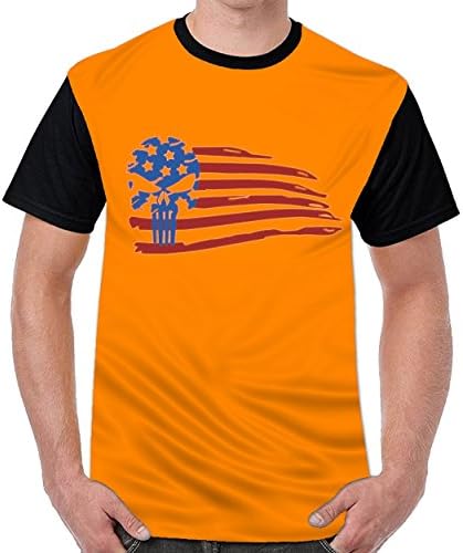 Tstory American Flag Skull Mens Casual Short Sleeve T-Shirts Orange