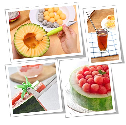 BEST SELLER Watermelon Slicer Stainless Steel + Slicer Cutter Knife Corer + 2 Reusable Straws + Orange Peeler - Fruit Vegetable Tools Kitchen Gadgets - No Mess - Less Stress (Green) + eBook - Thumbnail 6