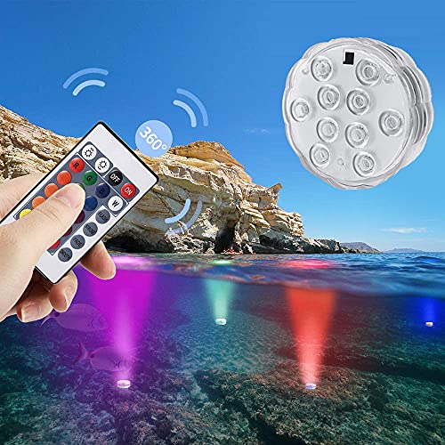 Gluckluz Submersible LED Lights Aquarium Swimming Pool Decorations Waterproof RGB Decor. Light with Remote Control for Fish Tank Home Underwater Vase Base Pond (10 LED, Battery Power,4 Packs)