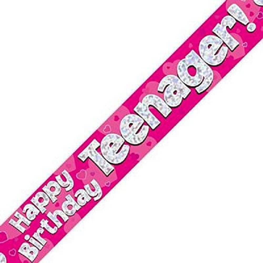 9ft Banner Happy Birthday Teenager Pink Foil Holographic Banner