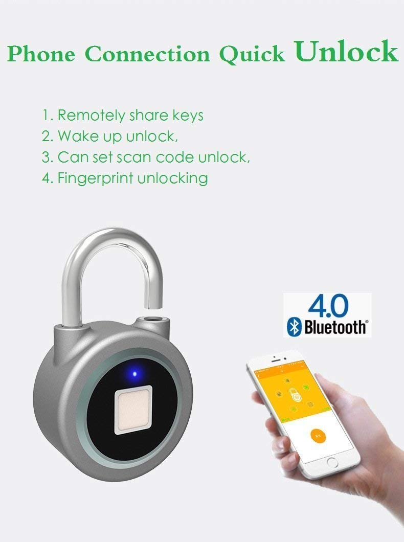 Fingerprint Padlock, Bluetooth Connection Metal Waterproof, Suitable For House Door, Backpack, Suitcase, Bike, Gym, Office, App Is Suitable For Android/Ios