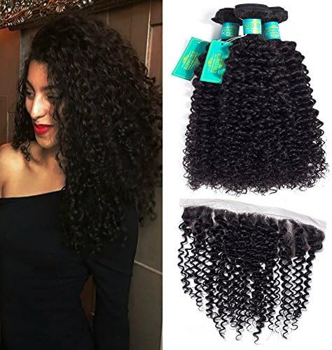 KONGHUI Brazilian Curly Hair Lace Frontal Closure With Bundles 100% Real Virgin Human Hair,13x4 Closure Natural Black Hair 14 16 18 with 10