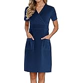 Scrubs for Women Short Sleeve Nurse Working Uniform V Neck Wrap Dress with Pocket Nursing Scrubs Holiday Workwear