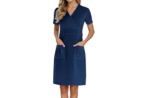 BWAYDEG Scrubs for Women Short Sleeve Nurse Working Uniform V Neck Wrap Dress with Pocket Nursing Scrubs Holiday Workwear