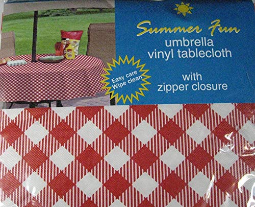 Summer Fun Red and White Diamond Check Flannel Back Vinyl Umbrella Tablecloths with Hole and Zipper-assorted Sizes (70 Round)