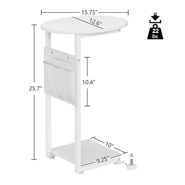 VAGUSICC C SHAPED END TABLE, SIDE TABLE FOR COUCH, SMALL COUCH SIDE TABLE FOR SMALL SPACES, SLIDE UNDER SOFA TRAY DESK WITH STORAGE BAG, ROUND SIDE TABLES FOR LIVING ROOM AND BEDROOM, WHITE