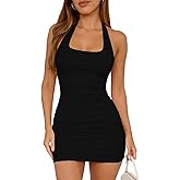 ForeFair Women Backless Going Out Dress Halter Neck Summer Ruched Mini Bodycon Dresses